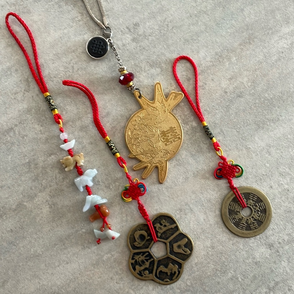 vintage lot Chinese feng shui lucky charms hangers decor jade brass bag charm